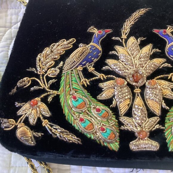 Vintage Zardozi Black Velvet Bag Clutch Gold Embroidery Double Peacock Design In - Picture 11 of 16